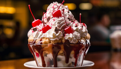Indulgent ice cream sundae with fresh berries generated by AI