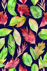 Watercolor pattern leaves, calm colors, watercolor paper texture,, big space between leaves, isolated, spaces, mockup
