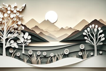 Abstract mountain and tree lanscape  paper cut background. Generative AI