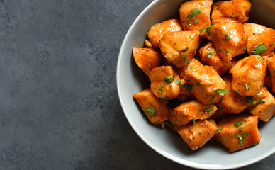 Close up view of chicken meat in sauce