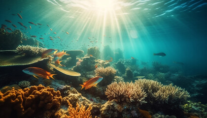 Naklejka na ściany i meble Colorful fish swim in reef amid coral generated by AI