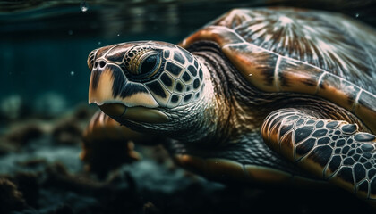Slow swimming sea turtle, beautiful aquatic portrait generated by AI