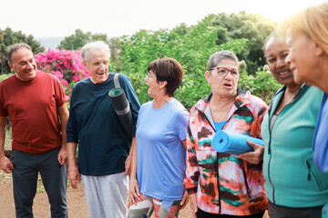 Senior people friends having fun together after exercise sport workout outdoors at park city -...