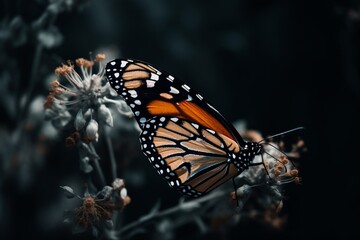 Fototapeta na wymiar A butterfly of Monarch species perched on a blooming flora. Generative AI