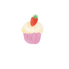 Watercolor strawberry cupcake, hand drawn 