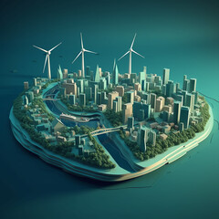 Fototapeta premium City powered entirely by renewable energy sources, such as wind and solar power, papercut style. 