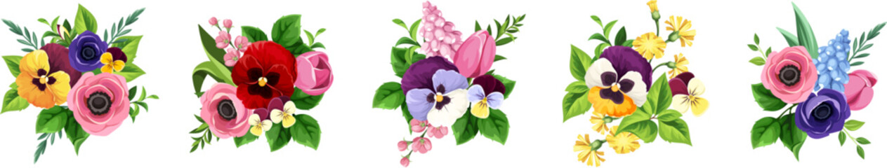 Colorful flowers isolated on a white background. Set of colorful tulip, pansy, anemone, and hyacinth flower bouquets. Vector illustrations