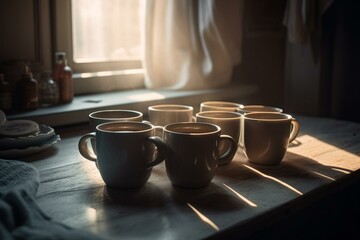 Obraz na płótnie Canvas Coffee cups in a bedroom illuminated by morning light from a window. Generative AI