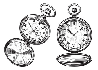 Fototapeta na wymiar Vintage pocket watch set. Time, watch concept. Hand drawn sketch vector illustration