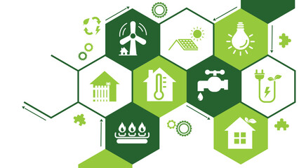 Power saving and Domestic energy vector illustration. Green concept with icons lowering energy cost, energy efficiency, adjusting thermostat temperature.