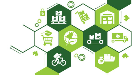 green logistics and supply chain vector illustration. Concept with connected icons related to sustainable transport