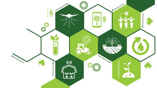 smart farm or agritech vector illustration. Banner with connected icons related to smart agriculture technology, digital iot farming methods and farm automation. 