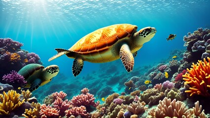 A joyful sea turtle swimming in crystal clear waters, surrounded by vibrant coral reefs