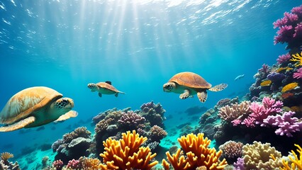 Fototapeta na wymiar A joyful sea turtle swimming in crystal clear waters, surrounded by vibrant coral reefs