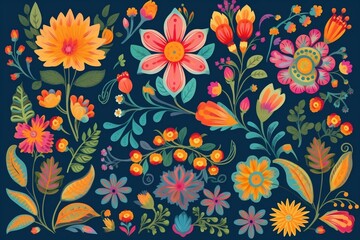 Fototapeta na wymiar florals vector in mexico ethnic or folk ornaments, embroidery pattern or textile design. generative AI
