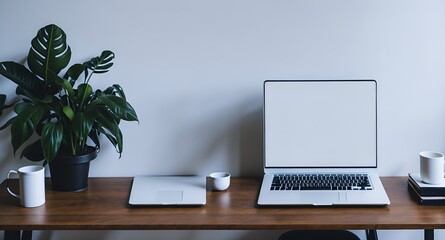 Laptop with white display, template for banner, advertisement, website, announcement. On a wooden table with flowers and a cup of coffee