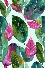 Watercolor pattern leaves, calm colors, watercolor paper texture, light green background, big space between leaves, isolated, spaces, mockup
