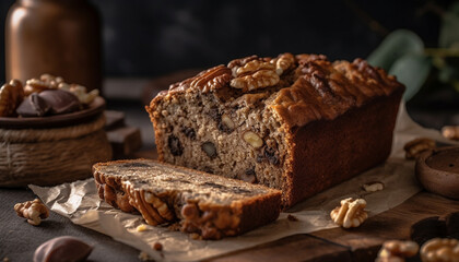 Freshly baked rustic bread with walnut and honey generated by AI