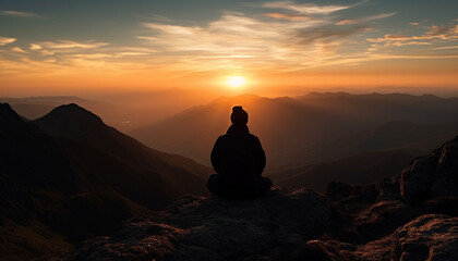Silhouette of men hiking mountain peak at sunset generated by AI