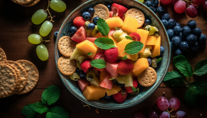 Obraz na płótnie Canvas Healthy berry salad with yogurt and granola generated by AI
