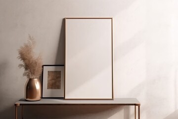 Thin vertical wooden picture frame sitting on a table, mockup for Art/poster placement created using generative AI tools - obrazy, fototapety, plakaty