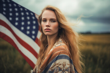 Portrait of a patriotic young woman in America's heartland. - obrazy, fototapety, plakaty