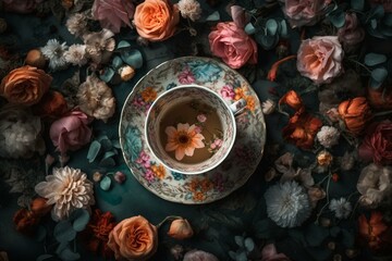 Obraz na płótnie Canvas Top view of a tea cup with floral decoration. Generative AI