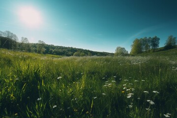 A green meadow with blue sky above it. Generative AI