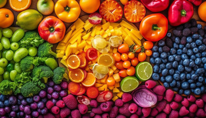 Naklejka na ściany i meble Abundance of fresh, healthy vegetables and fruits generated by AI