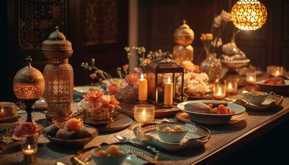 Fototapeta na wymiar Candlelight illuminates table, ornate decor and dessert generated by AI