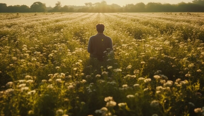 Silhouette of woman meditating in tranquil meadow generated by AI