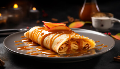 Stack of sweet pancakes with chocolate syrup drizzle generated by AI