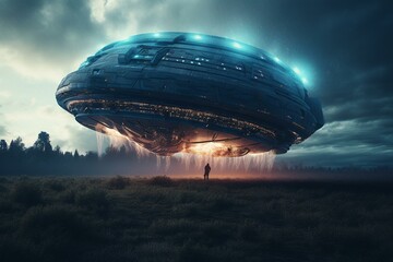 Fototapeta na wymiar 3D alien spaceship invades Earth. Generative AI