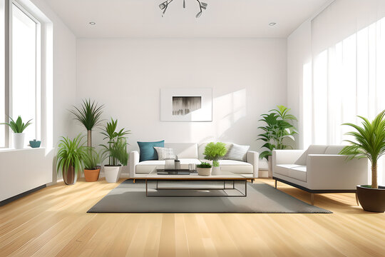 Domestic and cozy interior of living room with sofa, plants, coffee table, poster frame, side table, plant and elegant decoration wall. Home decor. Generative AI.