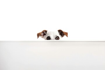 Dog peeking out from behind a white table with copy space, isolated on white background. AI generated