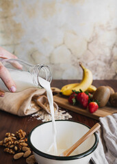 Breakfast cereal with nuts, oatmeal and fruit. Healthy snack or breakfast for a healthy lifestyle.