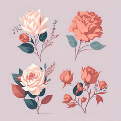 Flower set of beautiful roses, leaves, floral bouquets, flower compositions. Natural collection. Natural flower elements. Designs for stickers, labels, banners and more. Generative AI