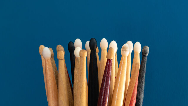 Group of drumsticks close up view. International drum month concept. Copy space for text.
