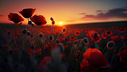 Fototapeta na wymiar Realistic Poppy field at sunset Ai generated image