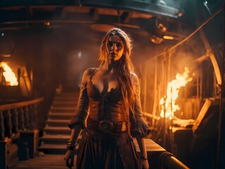 female pirate slave queen on burning ship - obrazy, fototapety, plakaty
