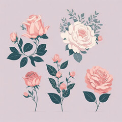 Flower set of beautiful roses, leaves, floral bouquets, flower compositions. Natural collection. Natural flower elements. Designs for stickers, labels, banners and more. Generative AI
