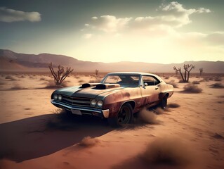 Fototapeta na wymiar Old muscle Car in abandoned desert, lost