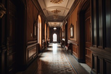 Fototapeta na wymiar A curved hallway with pillars. Generative AI