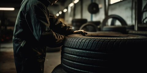 Obraz na płótnie Canvas Technician man tyre at repairing service garage generated by AI.