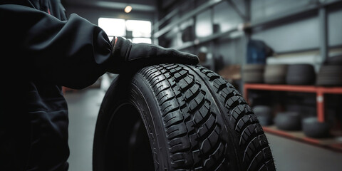 Obraz na płótnie Canvas Technician man tyre at repairing service garage generated by AI.