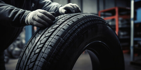Technician man tyre at repairing service garage generated by AI.