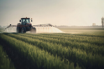 Fototapeta premium Tractor spraying pesticides on soybean field with sprayer at spring generated by AI.
