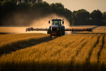 Fototapeta premium Tractor spraying pesticides on soybean field with sprayer at spring generated by AI.