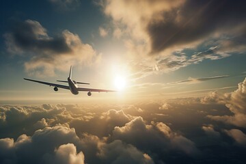 Fototapeta na wymiar A plane soars through the sky amidst clouds and sunshine. Generative AI