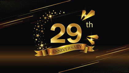 29th anniversary logo with golden ring, confetti and Gold ribbon isolated on elegant black background, sparkle, vector design for greeting card and invitation card